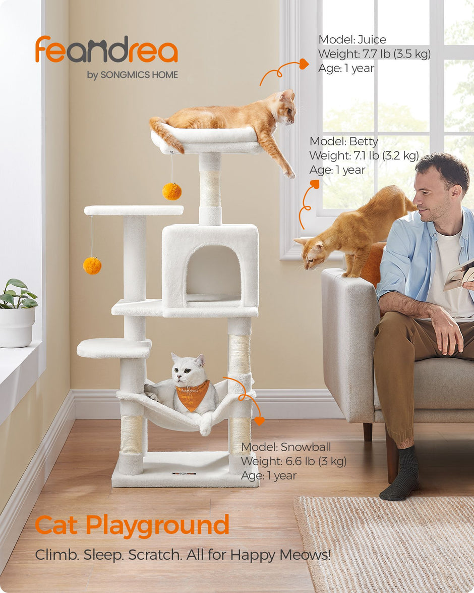 Cat Tree – Wood and Fabric – Light Grey – 112 cm with Hammock