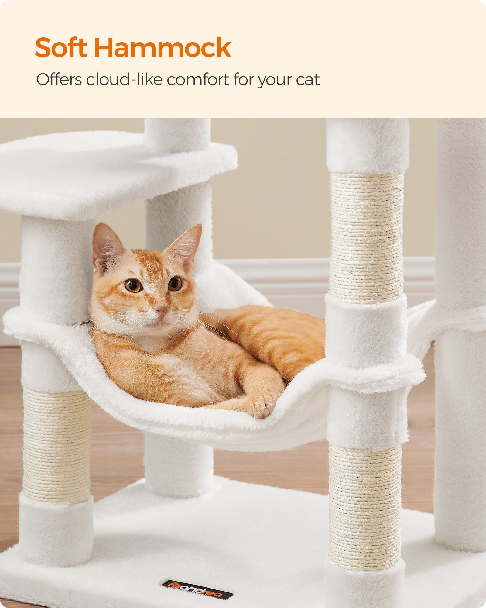 Cat Tree – Wood and Fabric – Light Grey – 112 cm with Hammock