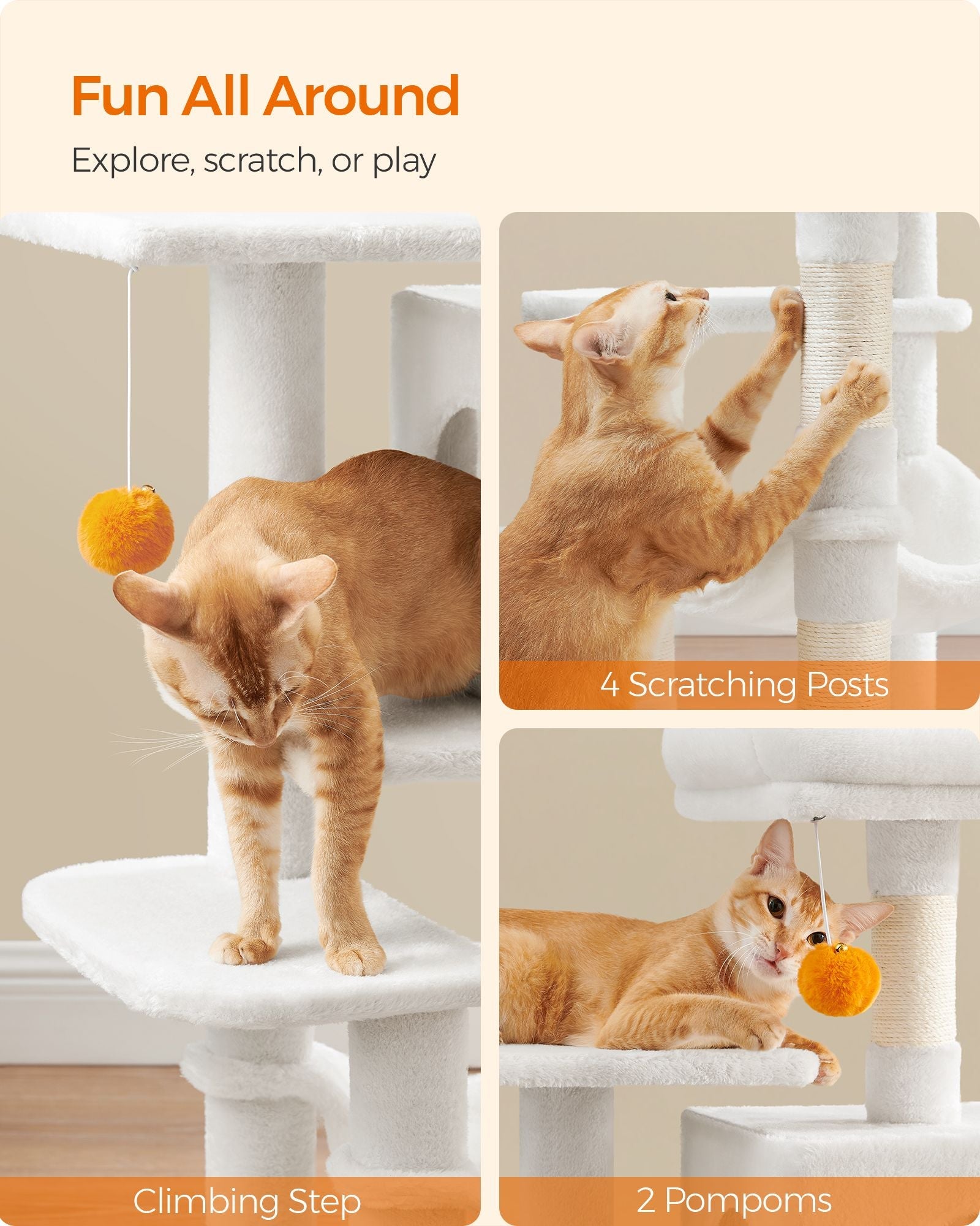 Cat Tree – Wood and Fabric – Light Grey – 112 cm with Hammock