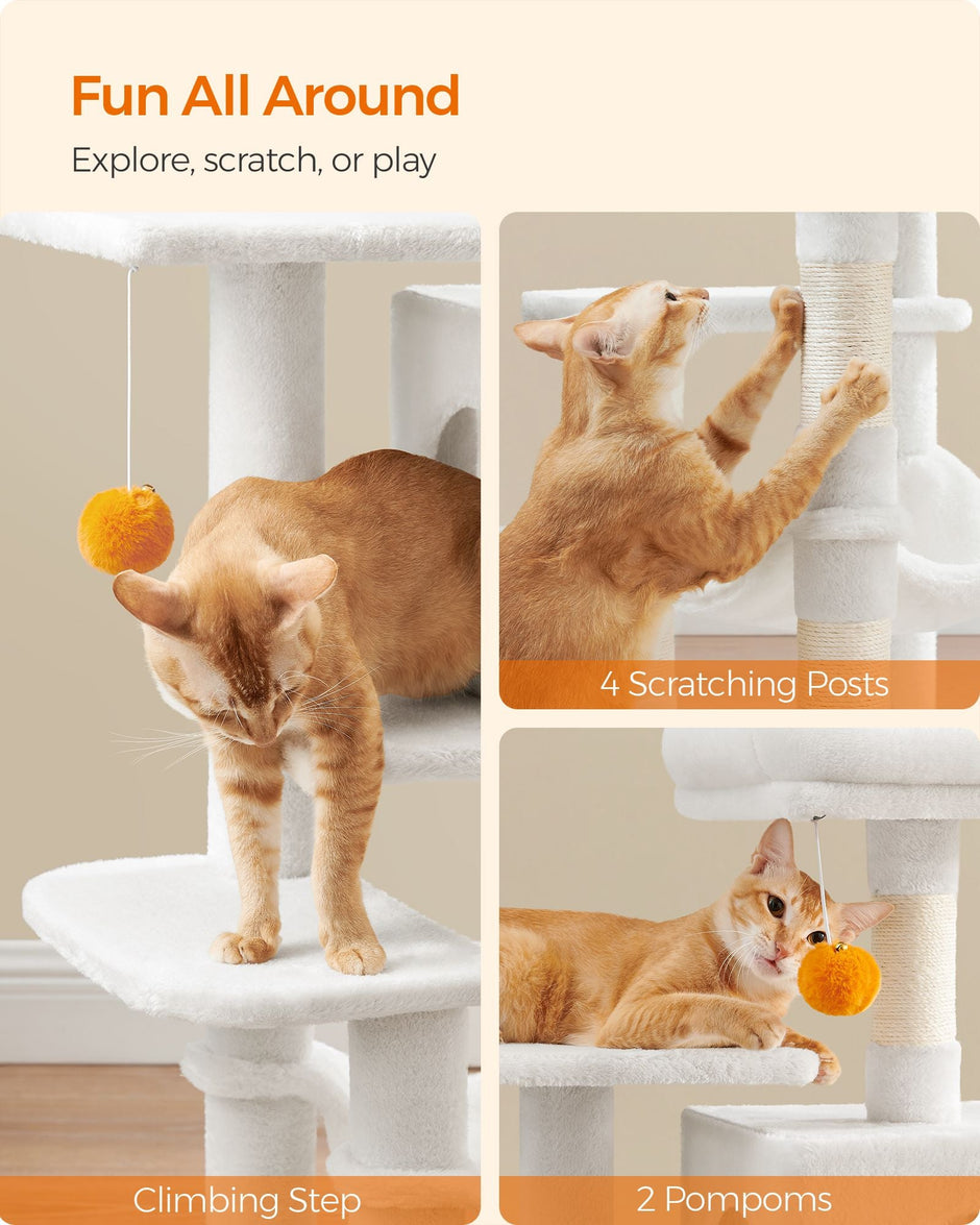 Cat Tree – Wood and Fabric – Light Grey – 112 cm with Hammock
