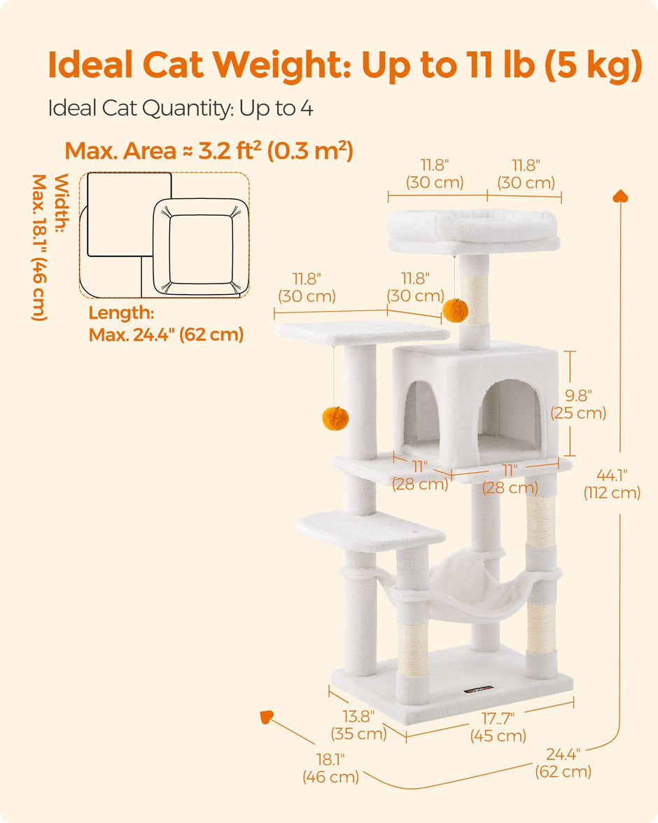 Cat Tree – Wood and Fabric – Light Grey – 112 cm with Hammock
