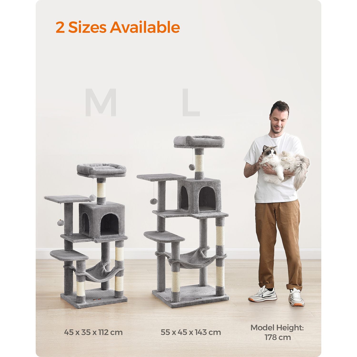 Cat Tree – Engineered Wood – Light Grey – Featuring Hammock and Condo