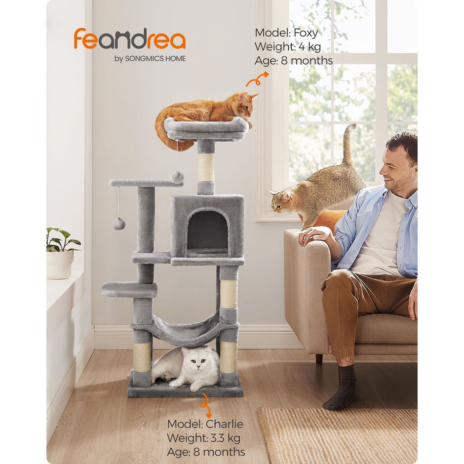 Cat Tree – Engineered Wood – Light Grey – Featuring Hammock and Condo