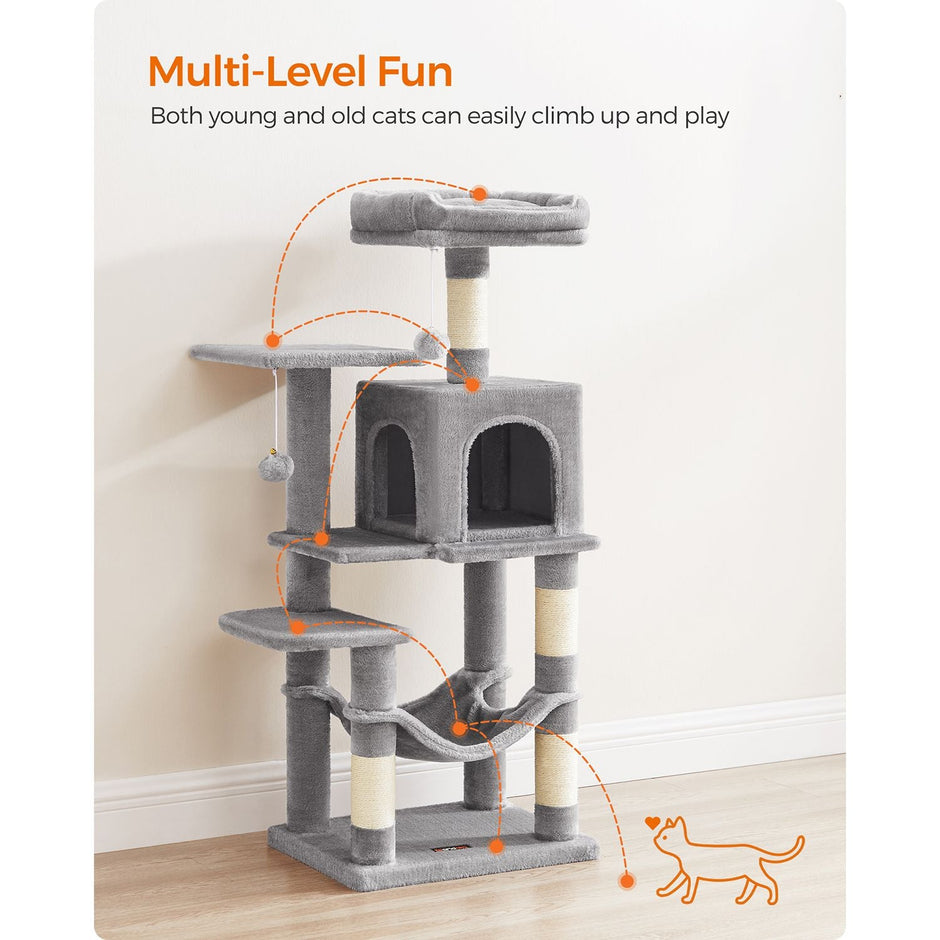 Cat Tree – Engineered Wood – Light Grey – Featuring Hammock and Condo