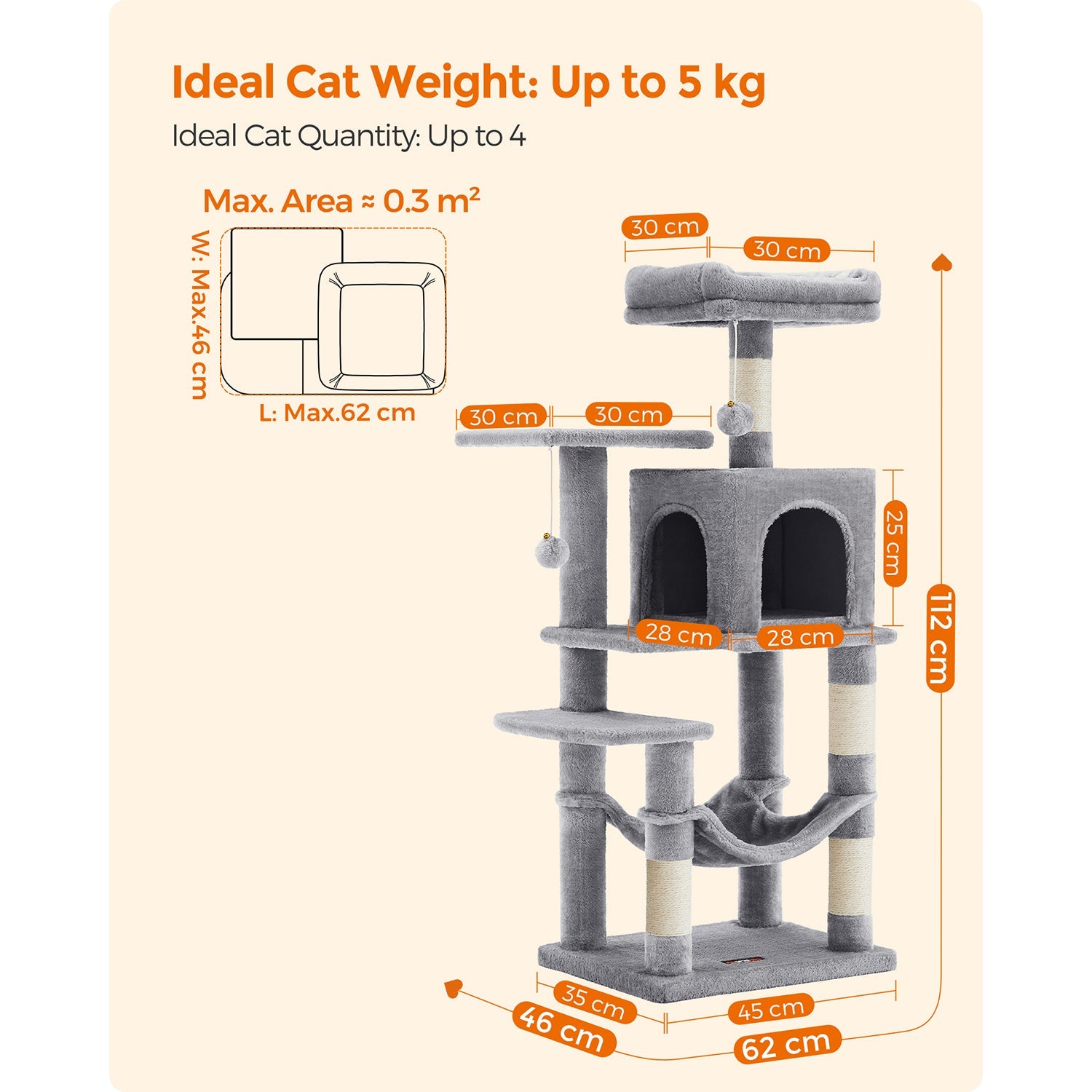Cat Tree – Engineered Wood – Light Grey – Featuring Hammock and Condo