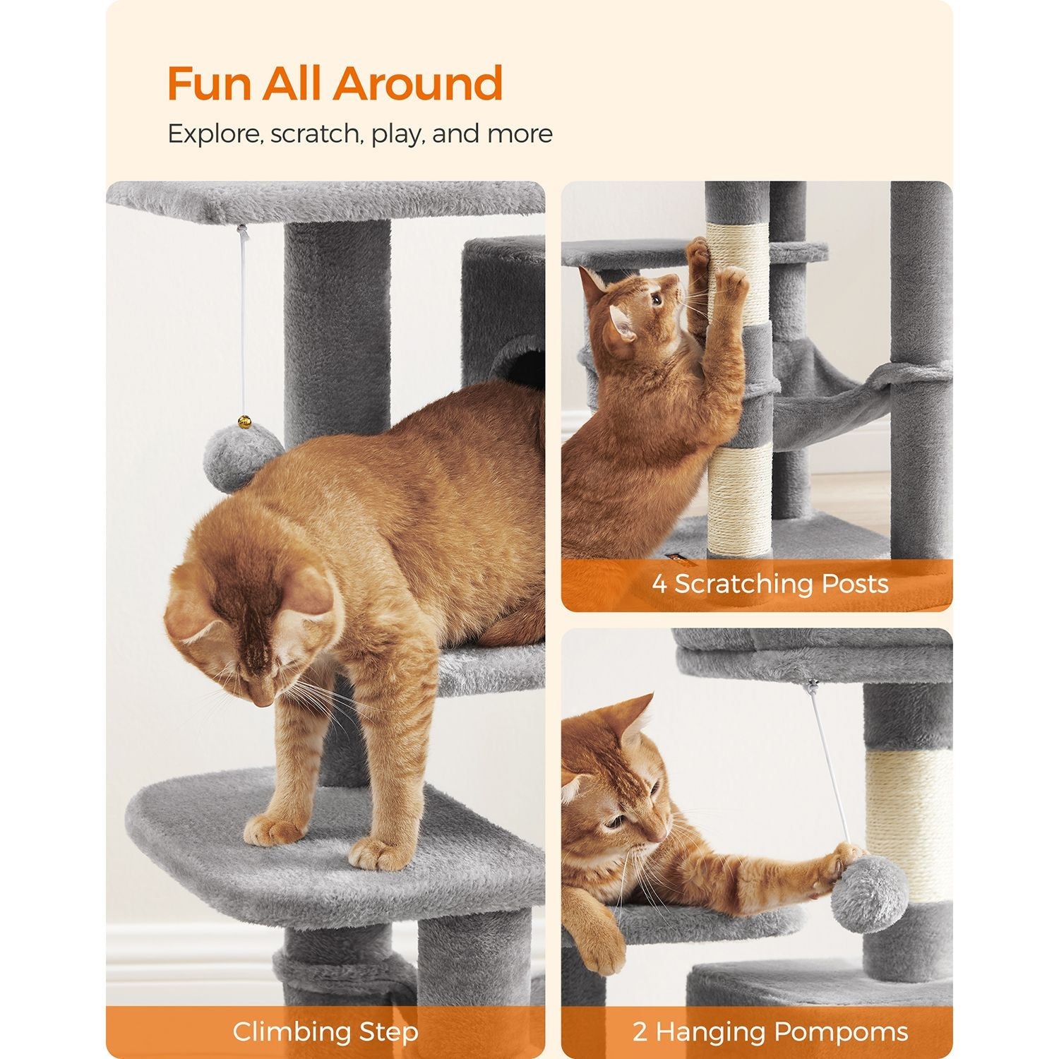 Cat Tree – Engineered Wood – Light Grey – Featuring Hammock and Condo