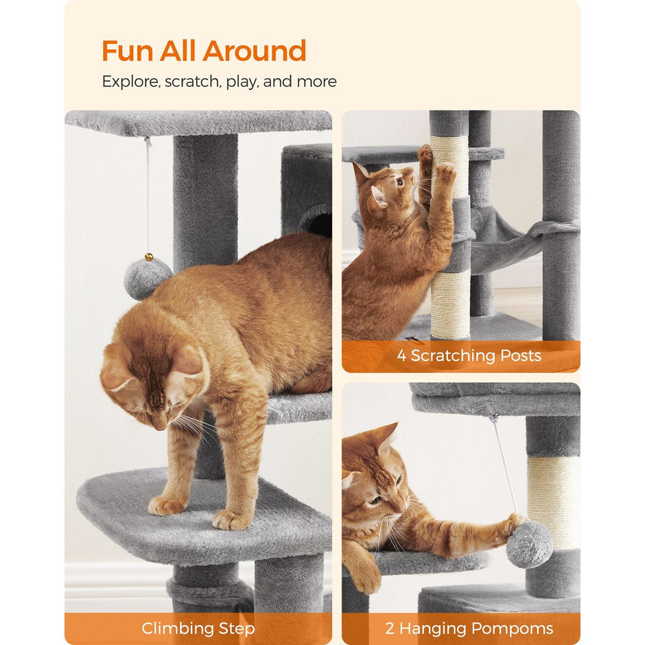 Cat Tree – Engineered Wood – Light Grey – Featuring Hammock and Condo