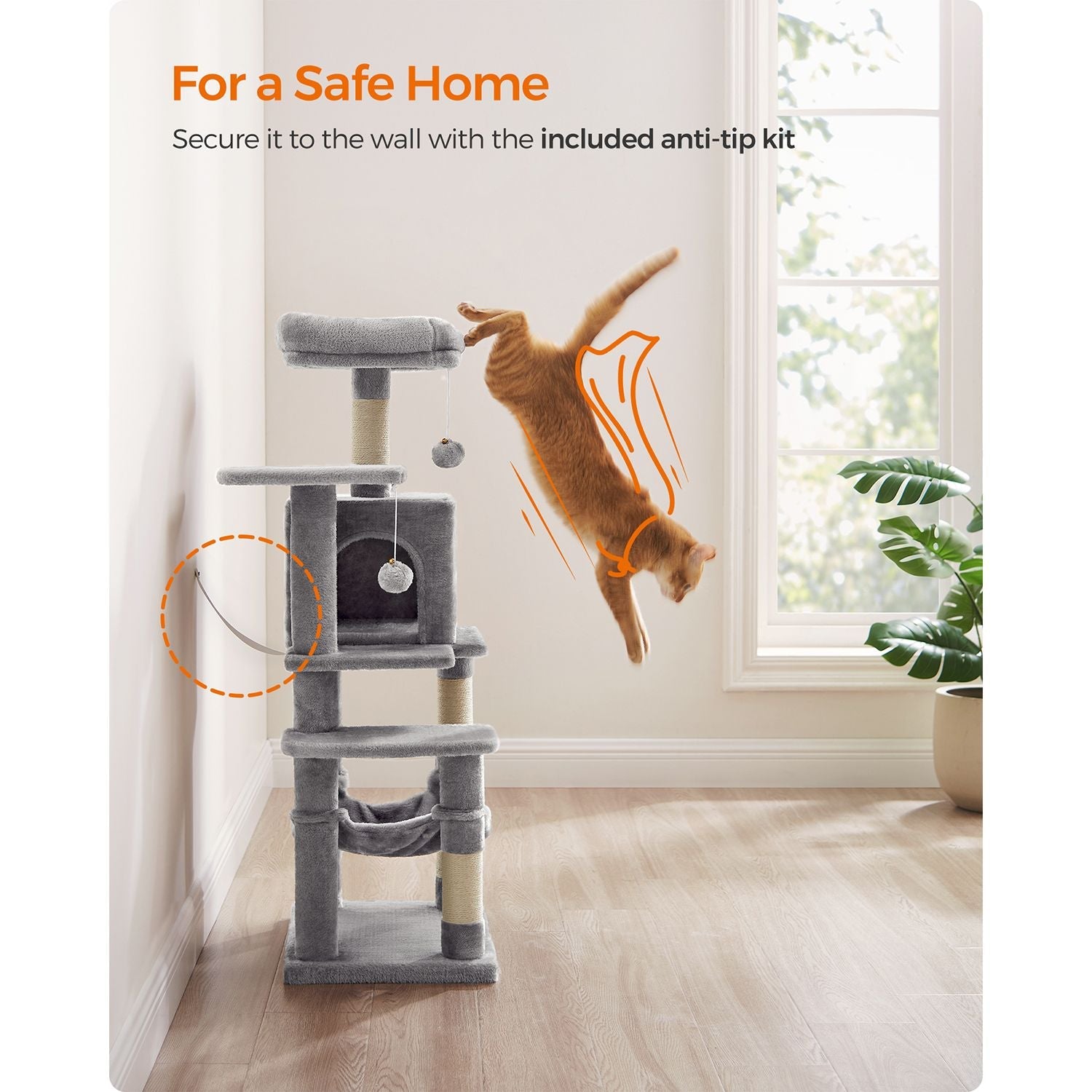 Cat Tree – Engineered Wood – Light Grey – Featuring Hammock and Condo