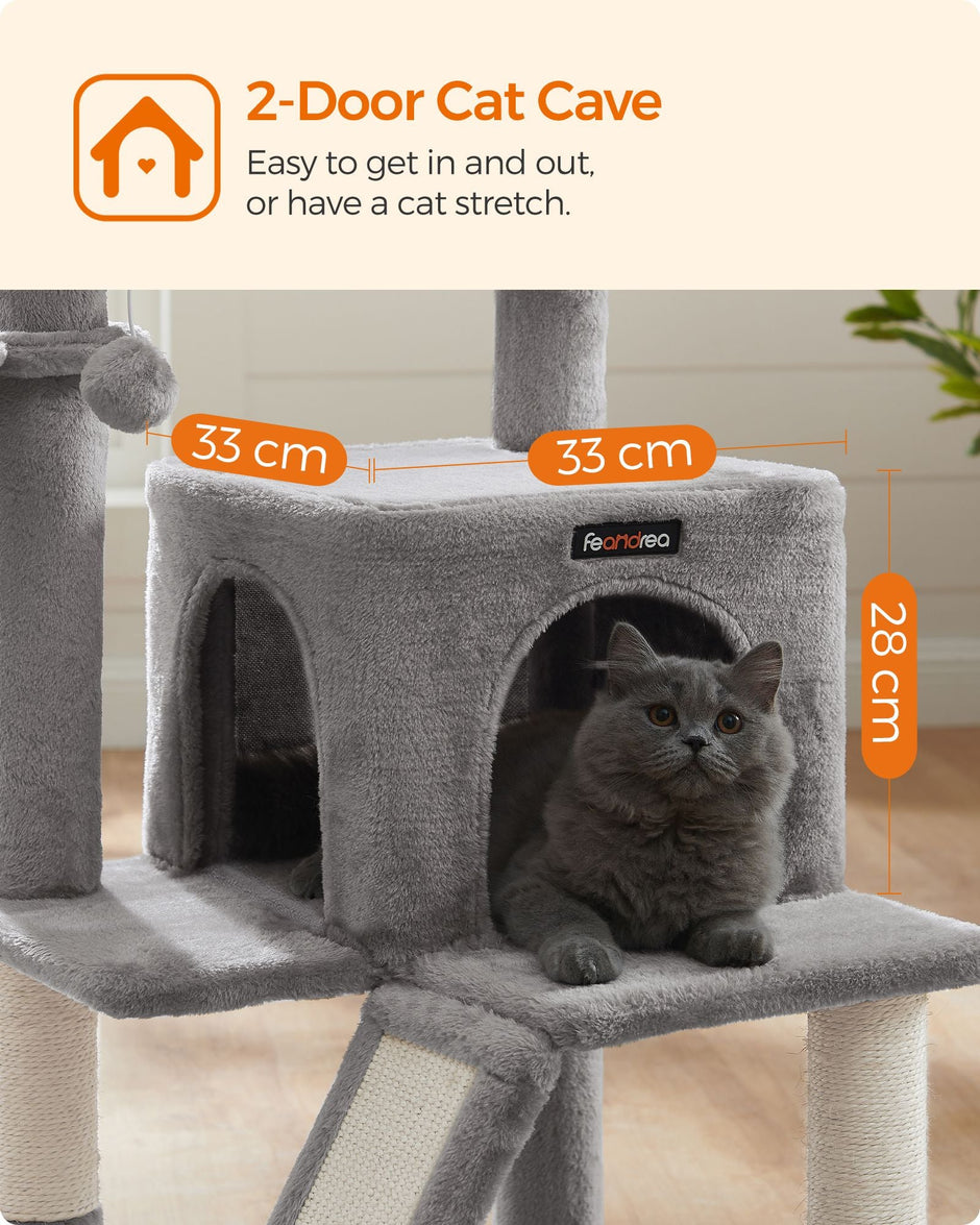Cat Tree – Plywood and Plush – Light Grey – Multi-Level with Scratching Board