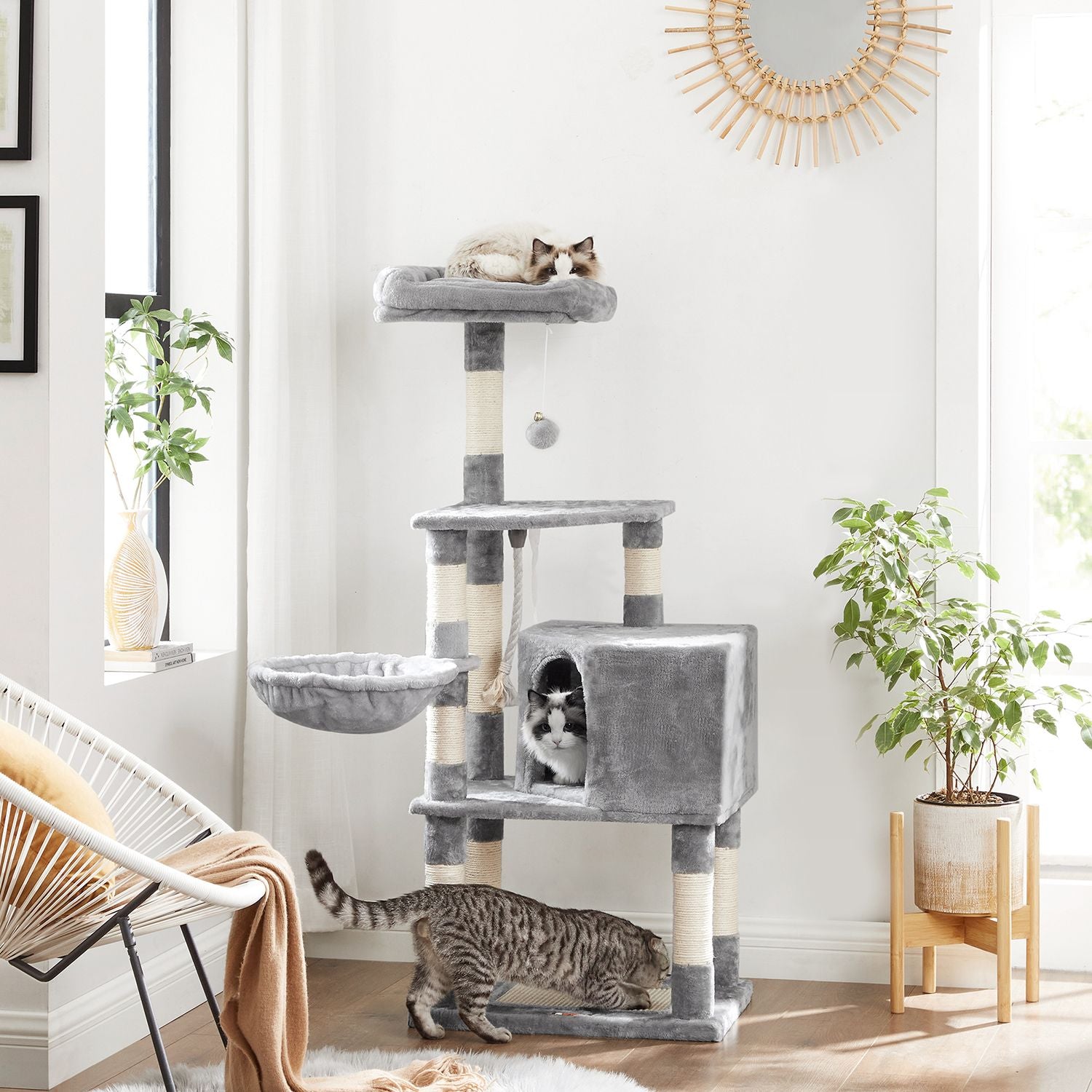 Cat Tree – Plush Fabric – Light Grey – Activity Center with Scratching Posts, Condo, and Basket