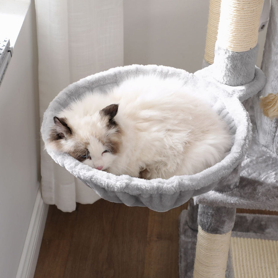 Cat Tree – Plush Fabric – Light Grey – Activity Center with Scratching Posts, Condo, and Basket