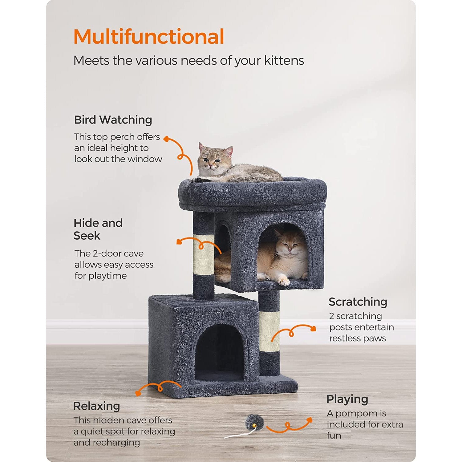Cat Condo – Engineered Wood – Light Grey – Large Cat Perch with 2 Cat Caves and Scratching Post