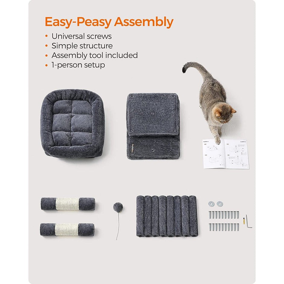 Cat Condo – Engineered Wood – Light Grey – Large Cat Perch with 2 Cat Caves and Scratching Post
