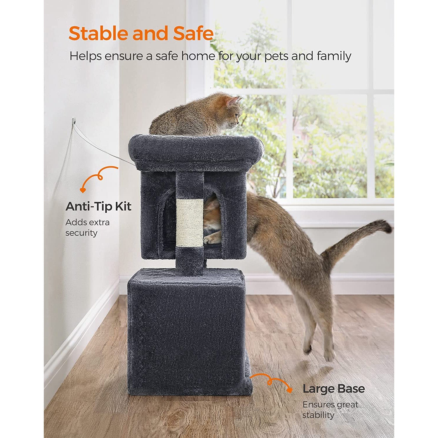 Cat Condo – Engineered Wood – Light Grey – Large Cat Perch with 2 Cat Caves and Scratching Post