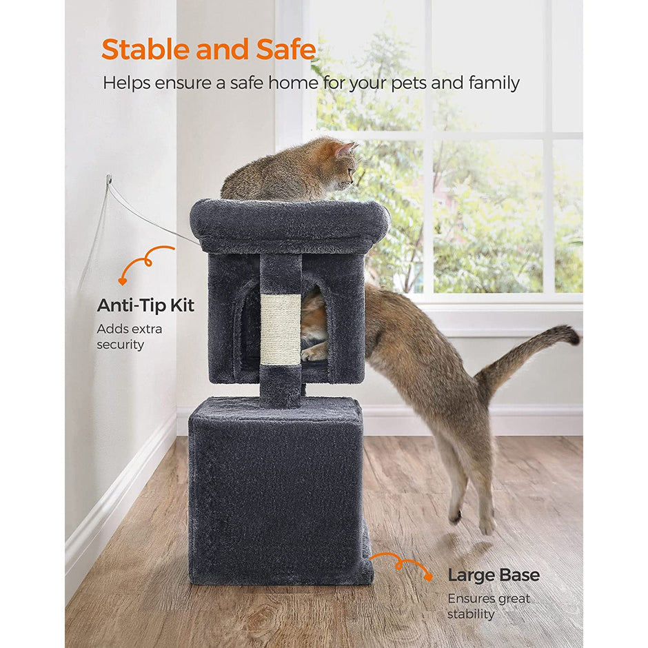 Cat Condo – Engineered Wood – Light Grey – Large Cat Perch with 2 Cat Caves and Scratching Post