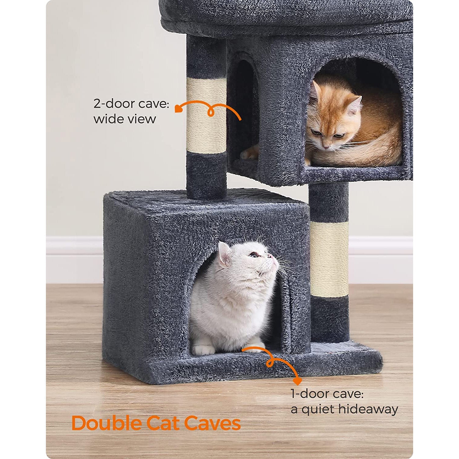 Cat Condo – Engineered Wood – Light Grey – Large Cat Perch with 2 Cat Caves and Scratching Post