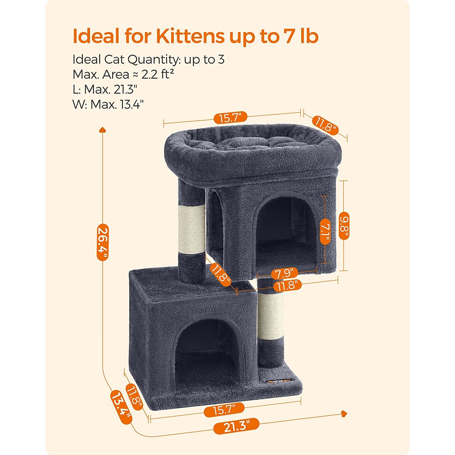 Cat Condo – Engineered Wood – Light Grey – Large Cat Perch with 2 Cat Caves and Scratching Post