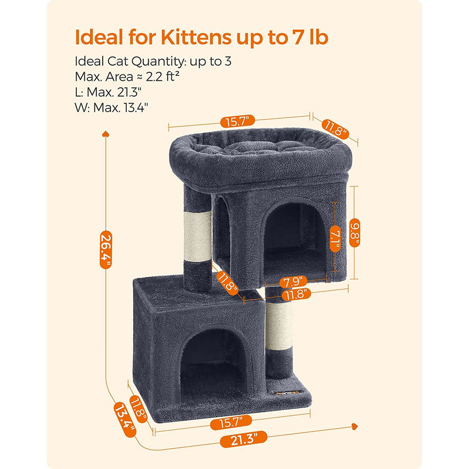 Cat Condo – Engineered Wood – Light Grey – Large Cat Perch with 2 Cat Caves and Scratching Post