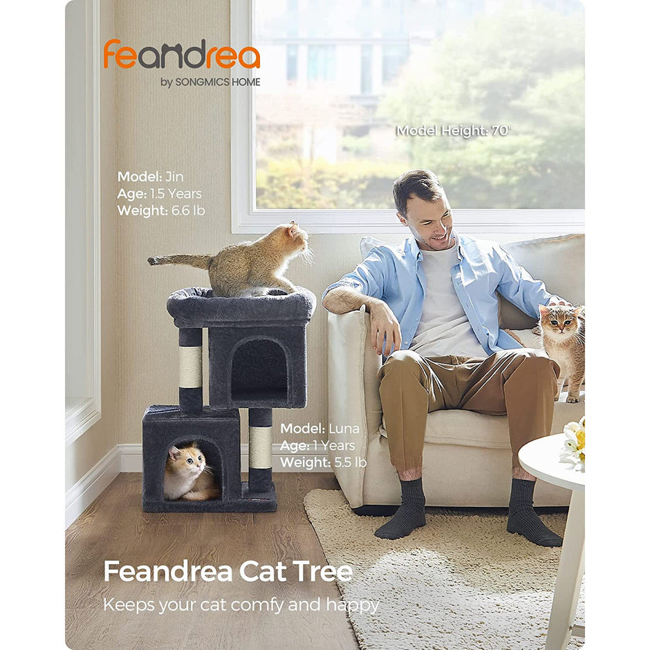 Cat Condo – Engineered Wood – Light Grey – Large Cat Perch with 2 Cat Caves and Scratching Post