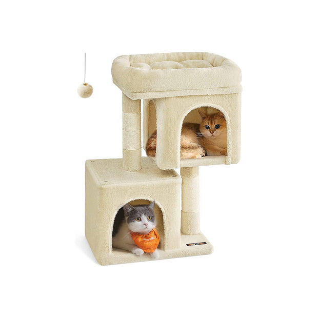 Cat Condo – Engineered Wood – Light Grey – Large Cat Perch with 2 Cat Caves and Scratching Post