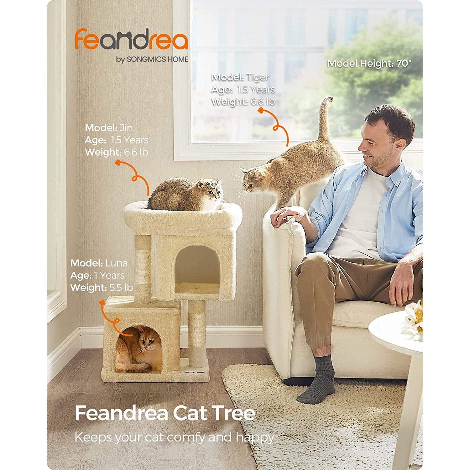Cat Condo – Engineered Wood – Light Grey – Large Cat Perch with 2 Cat Caves and Scratching Post