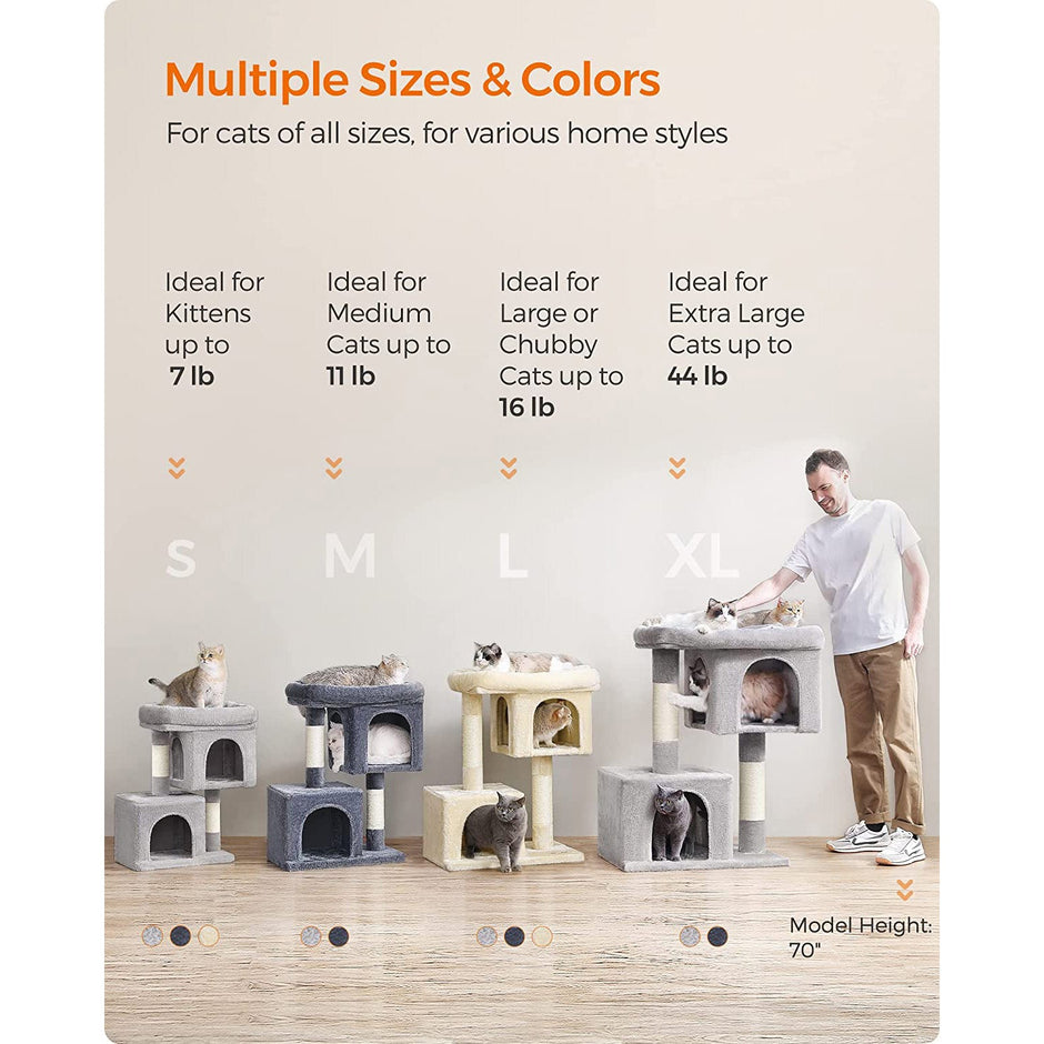 Cat Condo – Engineered Wood – Light Grey – Large Cat Perch with 2 Cat Caves and Scratching Post