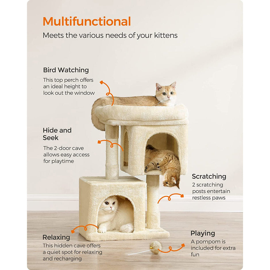 Cat Condo – Engineered Wood – Light Grey – Large Cat Perch with 2 Cat Caves and Scratching Post