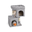 Cat Tree – Wood and Fabric – Light Grey – 67 cm Height with 2 Cat Caves and Large Perch