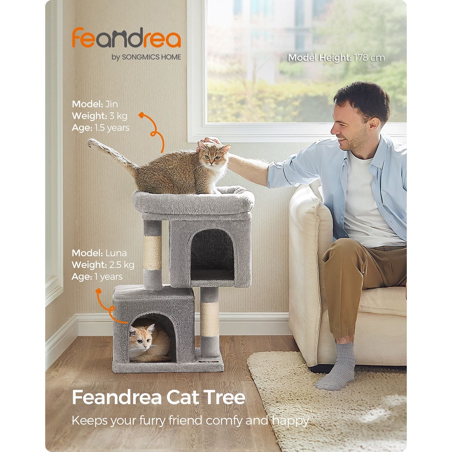 Cat Tree – Wood and Fabric – Light Grey – 67 cm Height with 2 Cat Caves and Large Perch