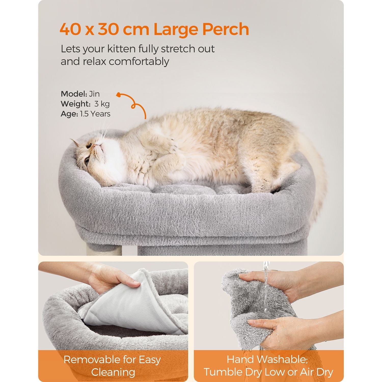 Cat Tree – Wood and Fabric – Light Grey – 67 cm Height with 2 Cat Caves and Large Perch