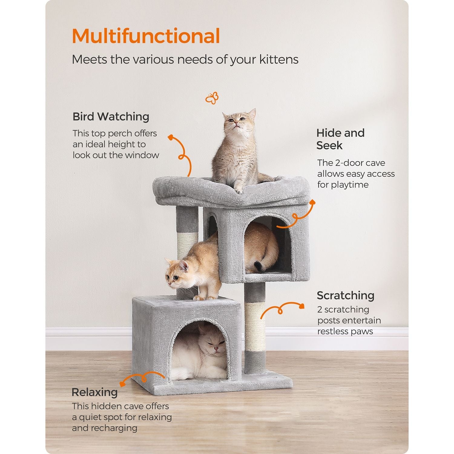 Cat Tree – Wood and Fabric – Light Grey – 67 cm Height with 2 Cat Caves and Large Perch