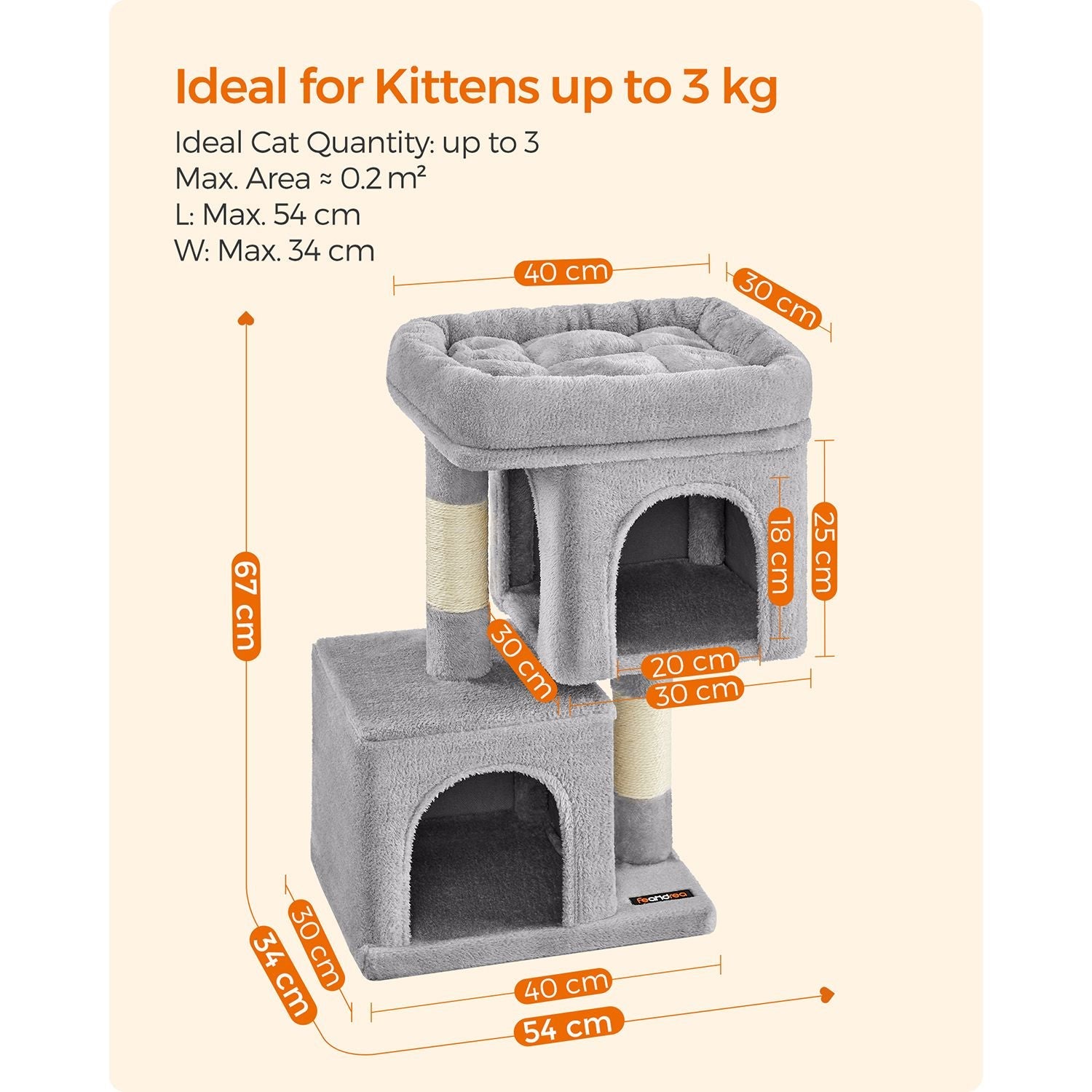 Cat Tree – Wood and Fabric – Light Grey – 67 cm Height with 2 Cat Caves and Large Perch