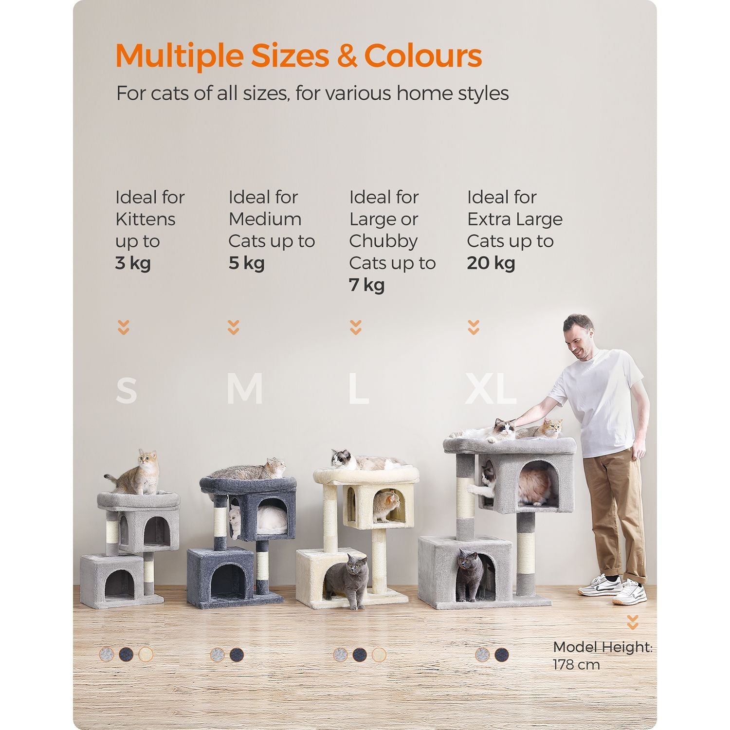 Cat Tree – Wood and Fabric – Light Grey – 67 cm Height with 2 Cat Caves and Large Perch