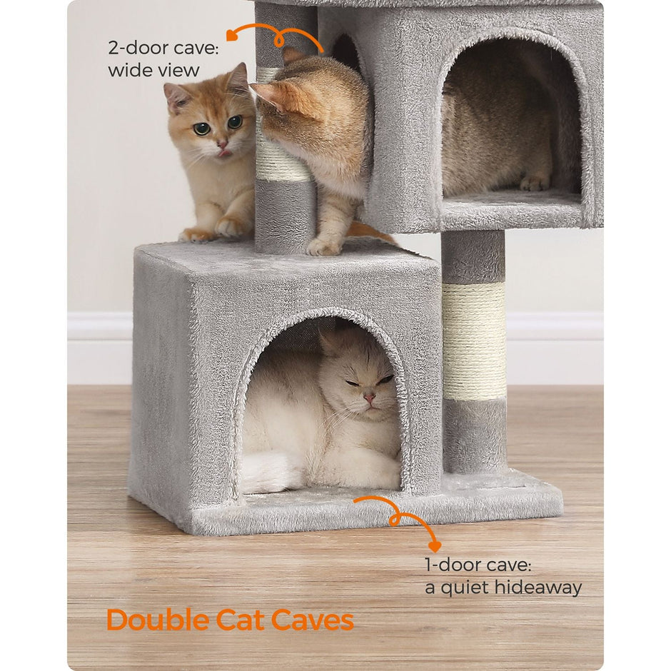 Cat Tree – Wood and Fabric – Light Grey – 67 cm Height with 2 Cat Caves and Large Perch