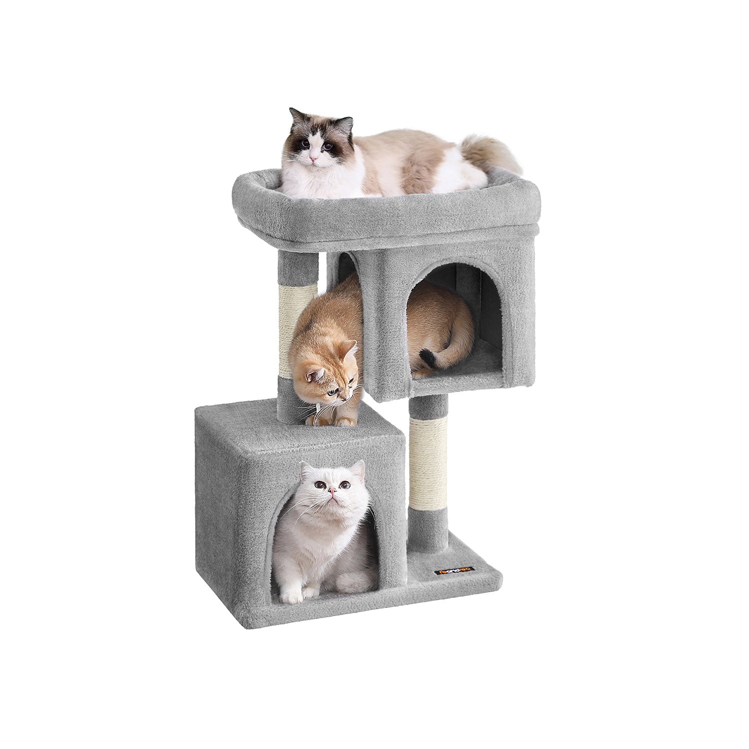 Cat Tree – Engineered Wood – Light Grey – Includes 2 Cat Caves and Scratching Post