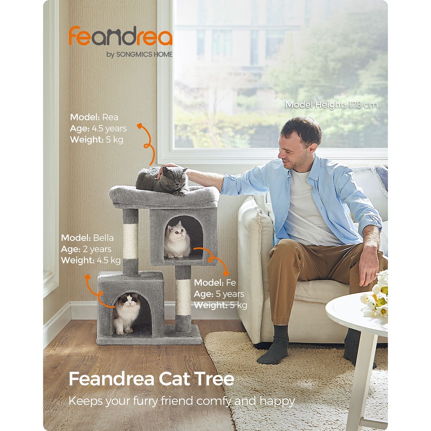Cat Tree – Engineered Wood – Light Grey – Includes 2 Cat Caves and Scratching Post