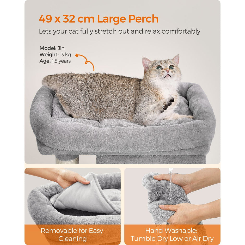 Cat Tree – Engineered Wood – Light Grey – Includes 2 Cat Caves and Scratching Post