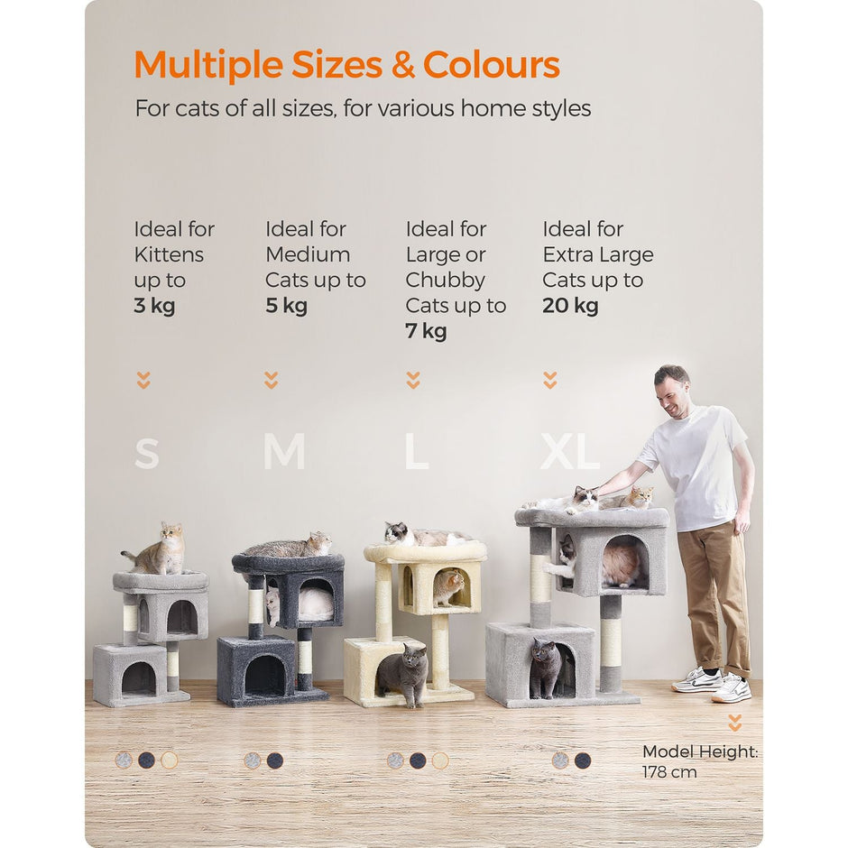 Cat Tree – Engineered Wood – Light Grey – Includes 2 Cat Caves and Scratching Post