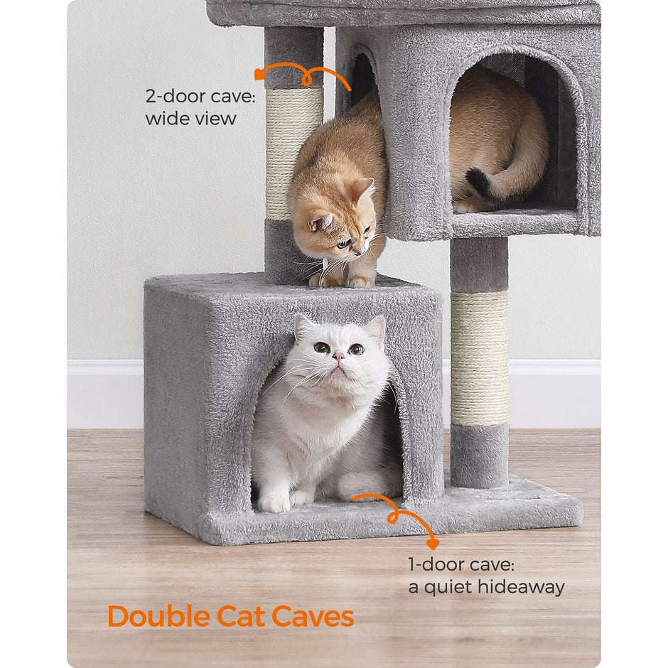 Cat Tree – Engineered Wood – Light Grey – Includes 2 Cat Caves and Scratching Post