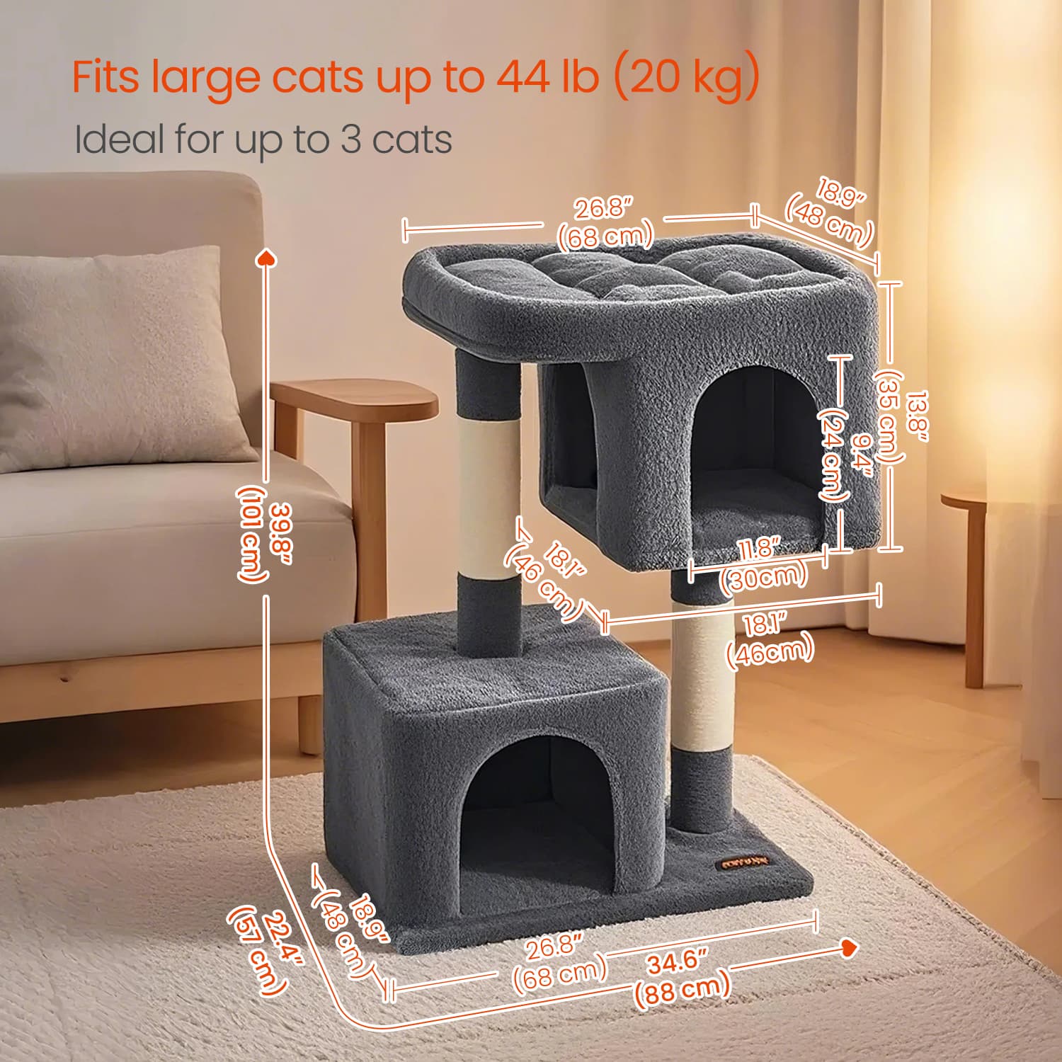 Cat Tree – Engineered Wood – Light Grey – Includes Large Perch and Plush Condos