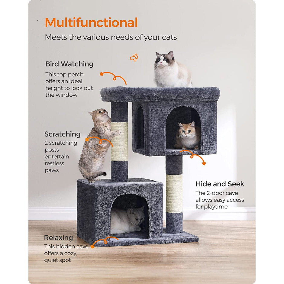 Cat Condo – Particle Board – Light Grey – Designed for Extra Large Cats up to 20 kg with Sisal-Covered Scratching Posts and 2 Plush Condos