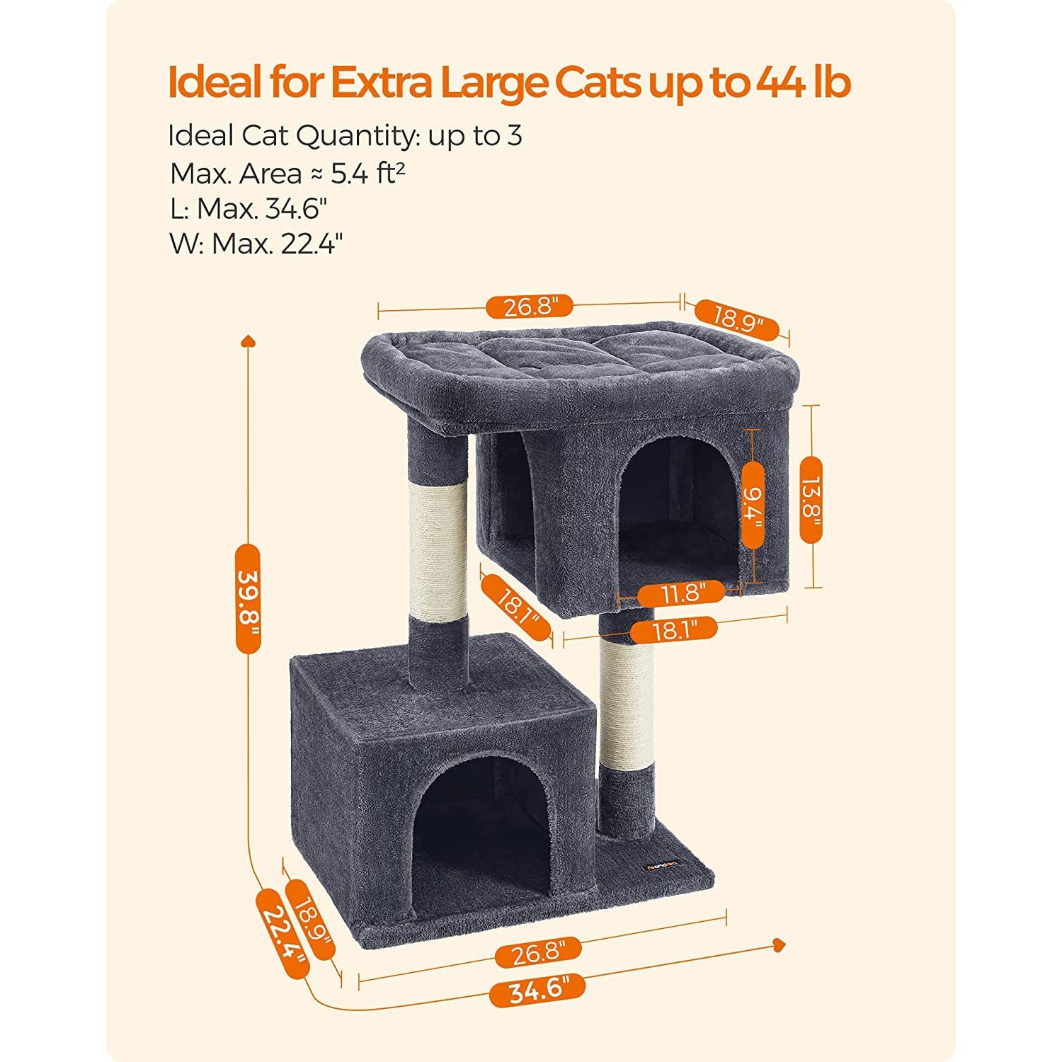 Cat Condo – Particle Board – Light Grey – Designed for Extra Large Cats up to 20 kg with Sisal-Covered Scratching Posts and 2 Plush Condos