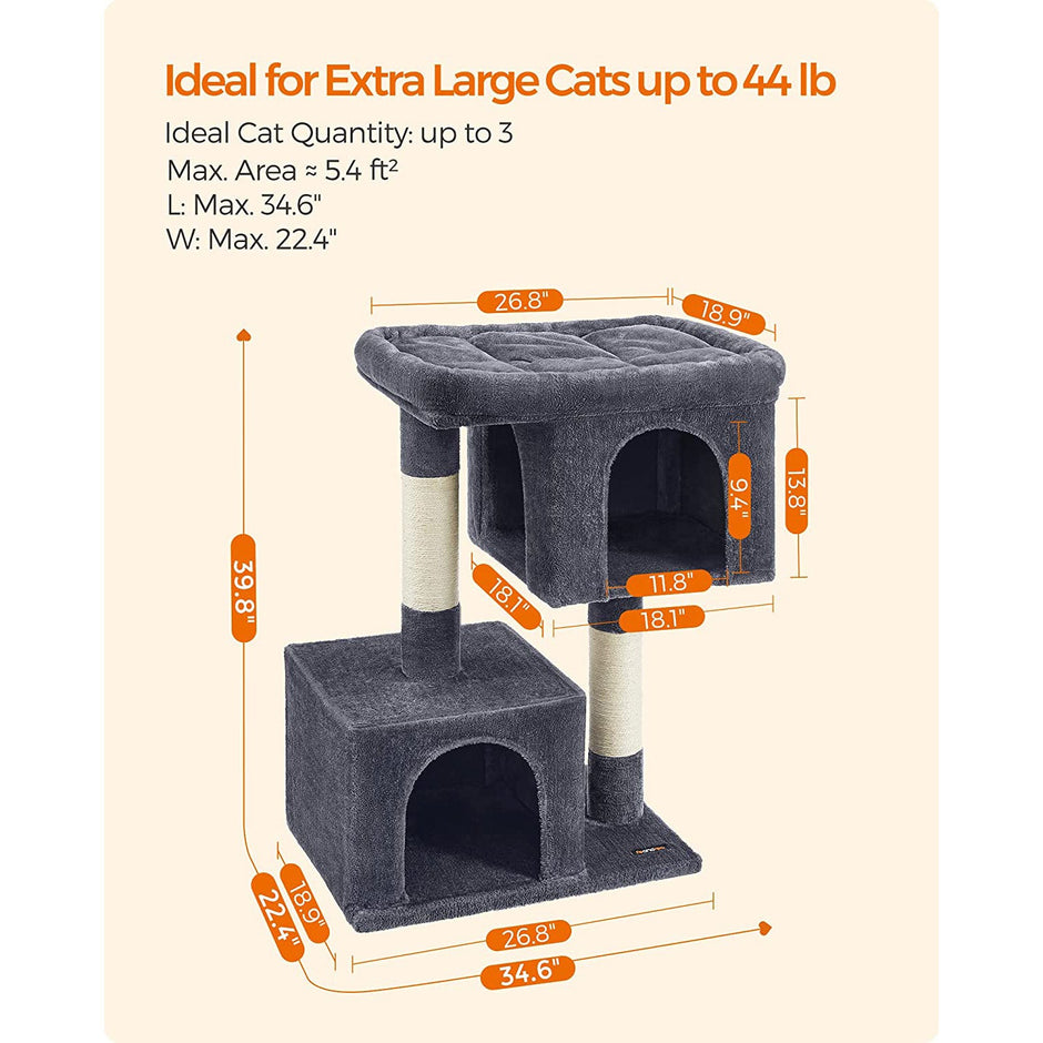 Cat Condo – Particle Board – Light Grey – Designed for Extra Large Cats up to 20 kg with Sisal-Covered Scratching Posts and 2 Plush Condos