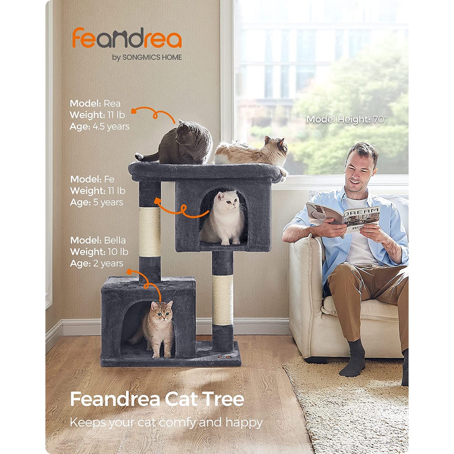 Cat Condo – Particle Board – Light Grey – Designed for Extra Large Cats up to 20 kg with Sisal-Covered Scratching Posts and 2 Plush Condos