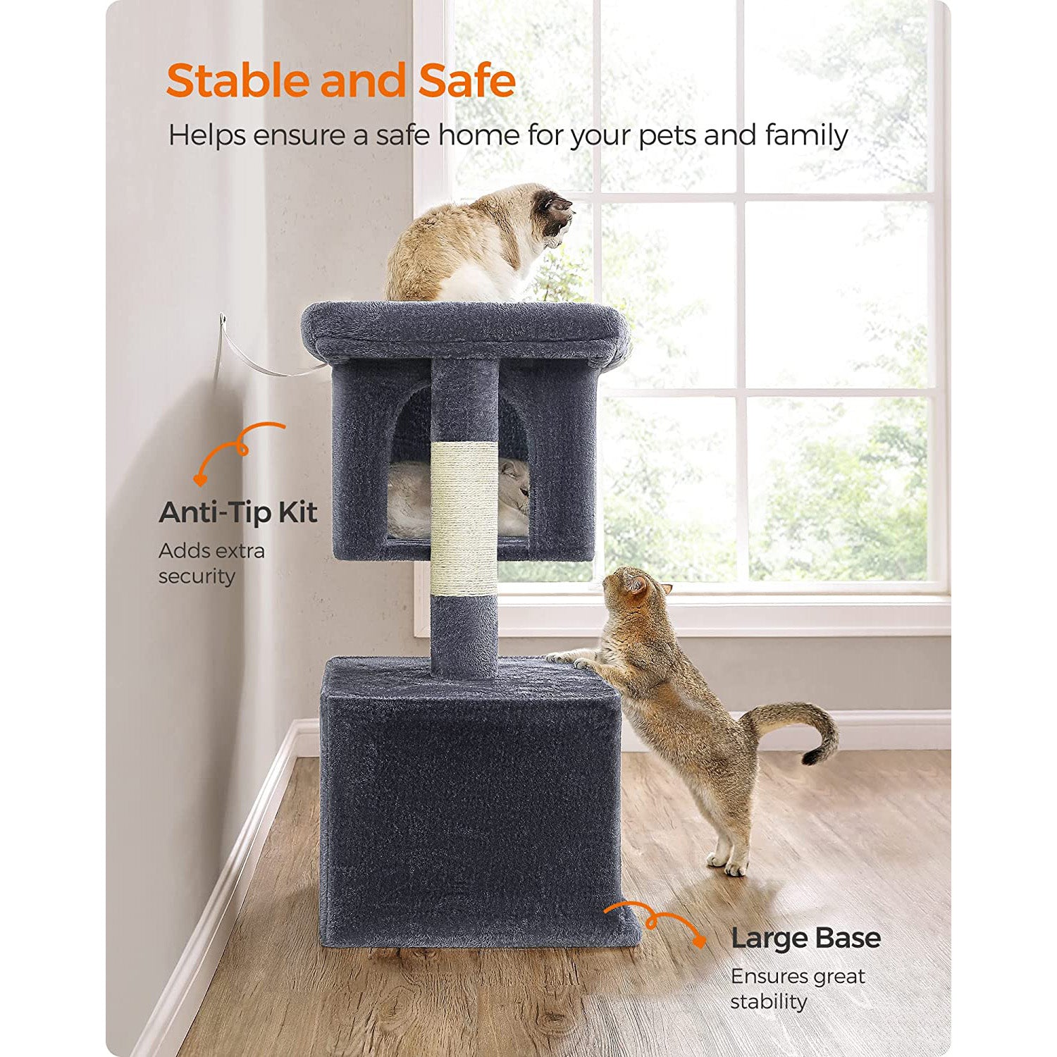 Cat Condo – Particle Board – Light Grey – Designed for Extra Large Cats up to 20 kg with Sisal-Covered Scratching Posts and 2 Plush Condos