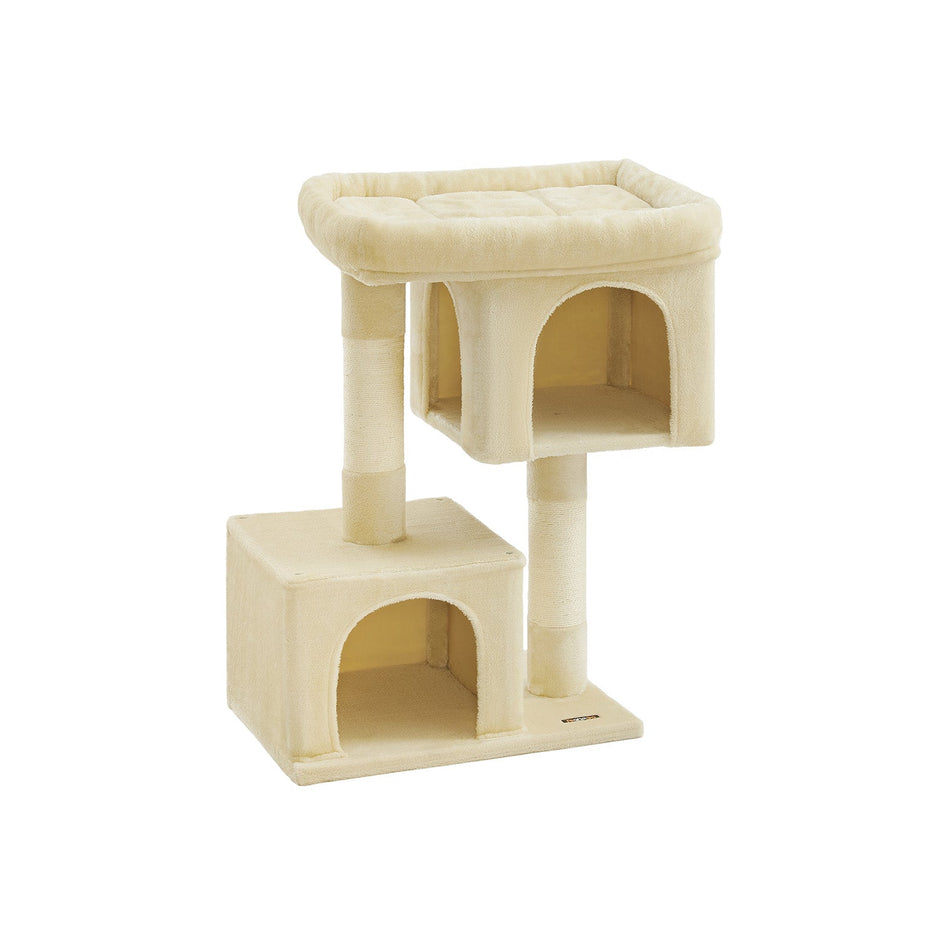 Cat Tree – Wood and Plush – Beige – Tall with Scratching Posts and Condos