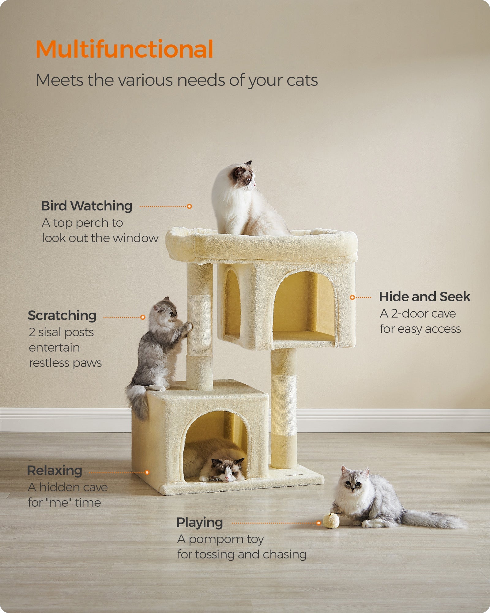 Cat Tree – Wood and Plush – Beige – Tall with Scratching Posts and Condos