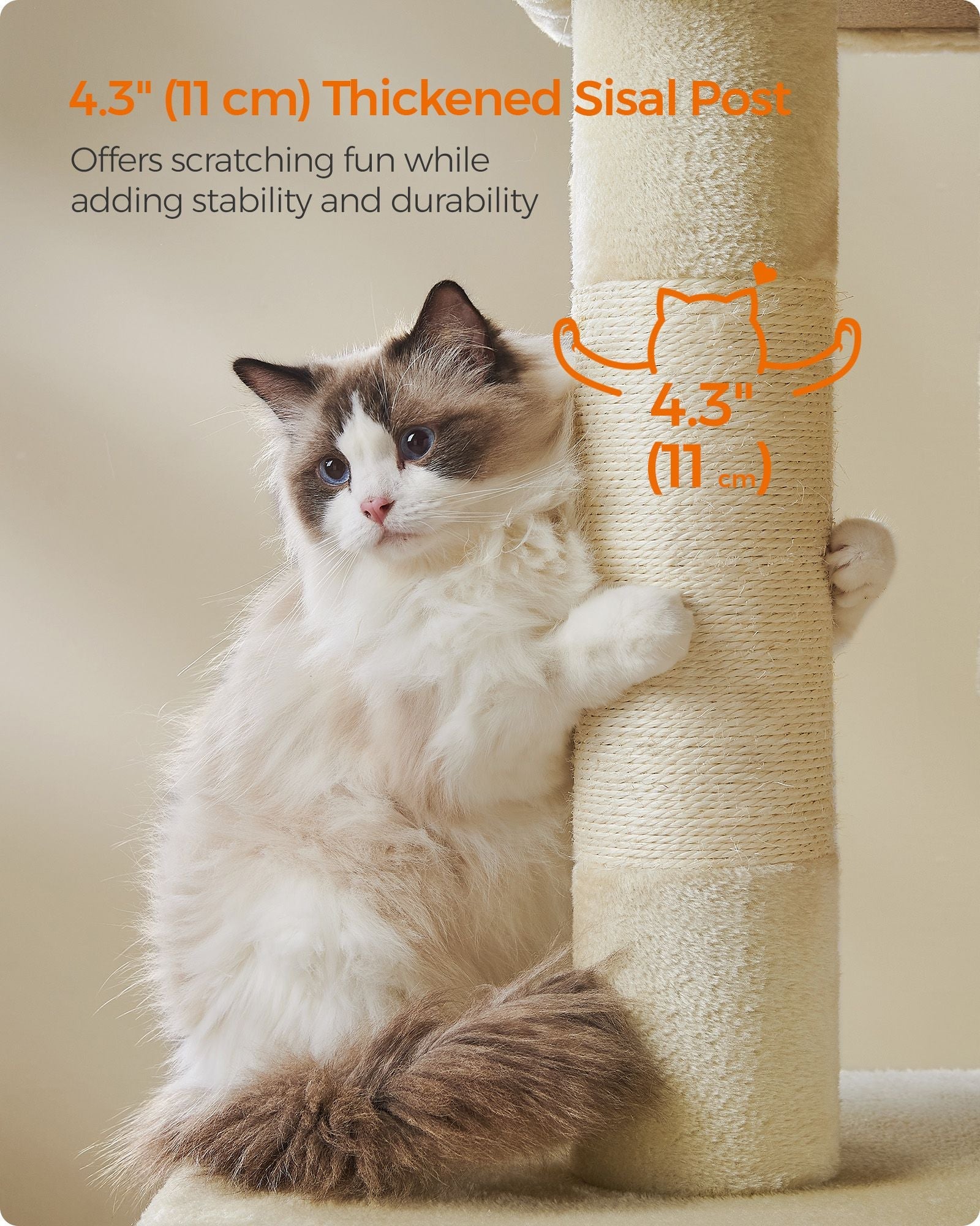 Cat Tree – Wood and Plush – Beige – Tall with Scratching Posts and Condos