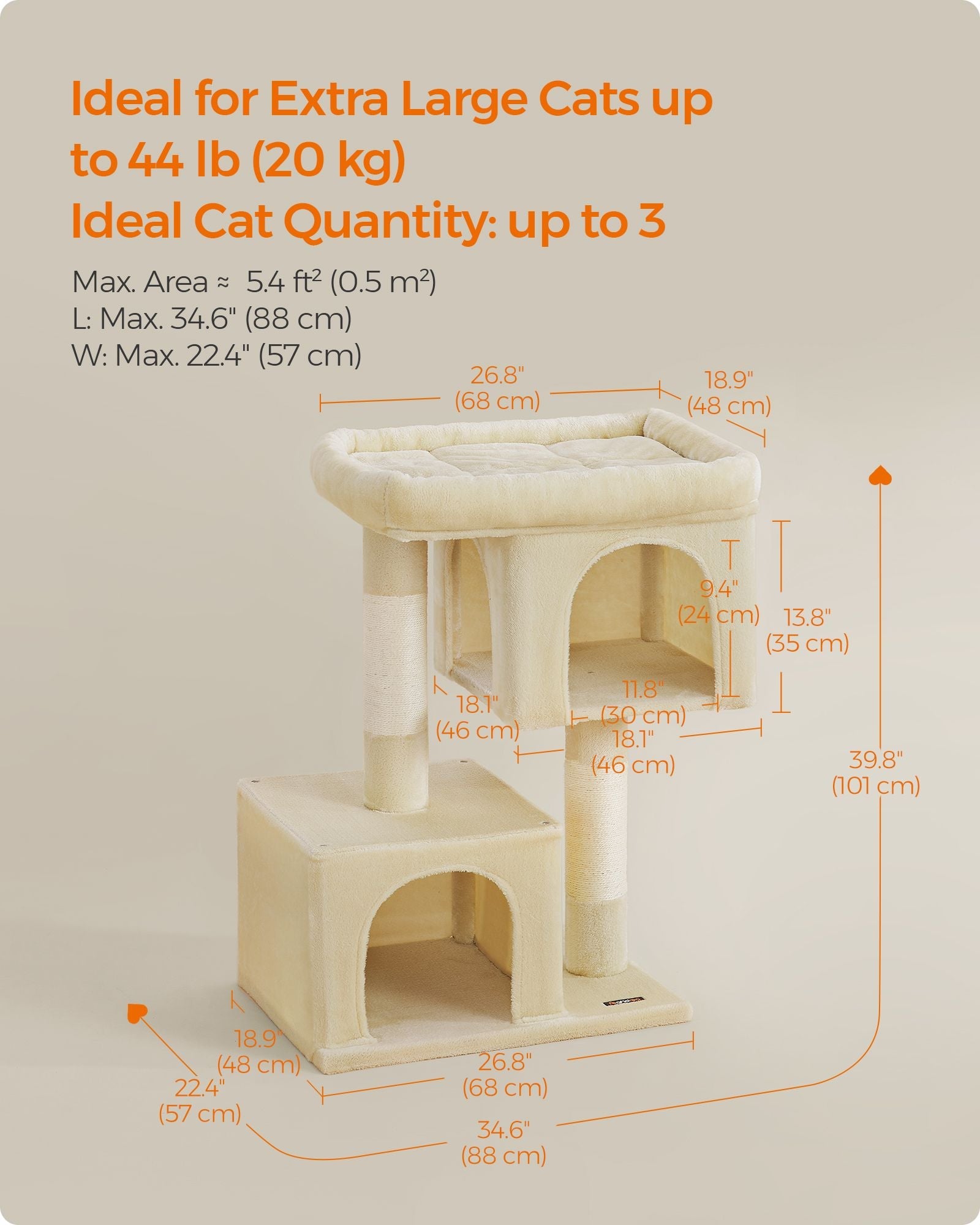 Cat Tree – Wood and Plush – Beige – Tall with Scratching Posts and Condos
