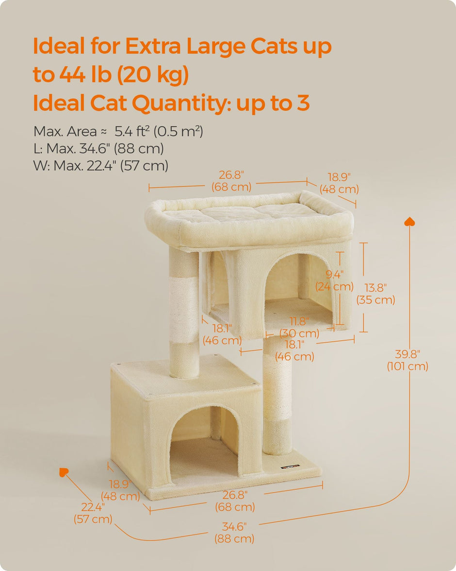 Cat Tree – Wood and Plush – Beige – Tall with Scratching Posts and Condos